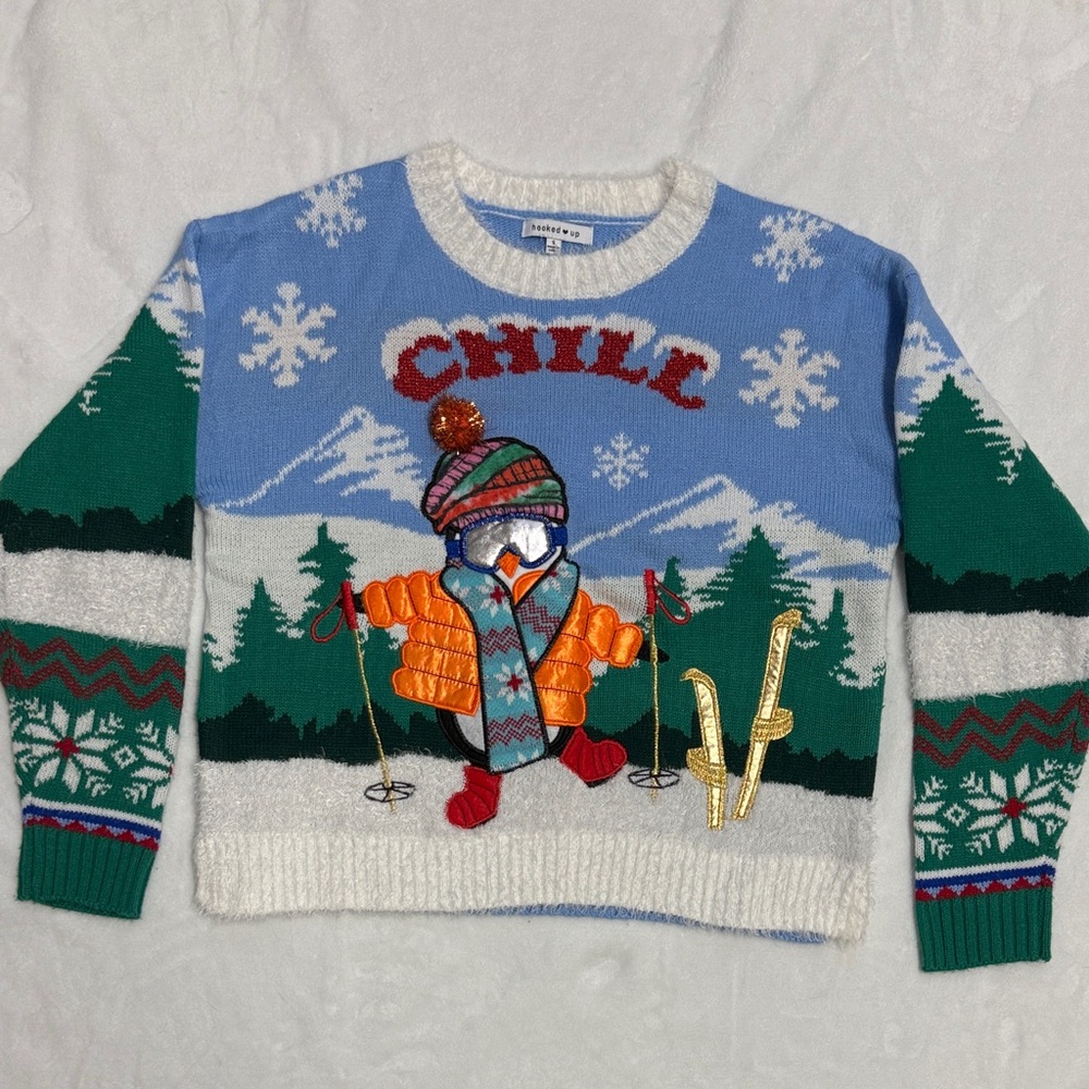 Chill Penguin Sweater - Blue, Green, and Orange